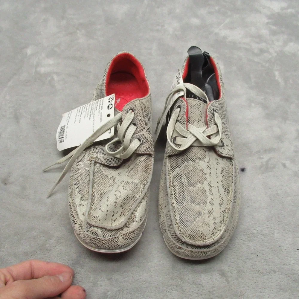 Crocs‎ Mens 8 Boat Shoes White Snakeskin Graphic Light Lace Up Casual RARE NEW